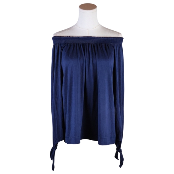 Chaps Navy Off Shoulder Long Sleeve Blouse with Tie Cuffs - Size M - Picture 1 of 6